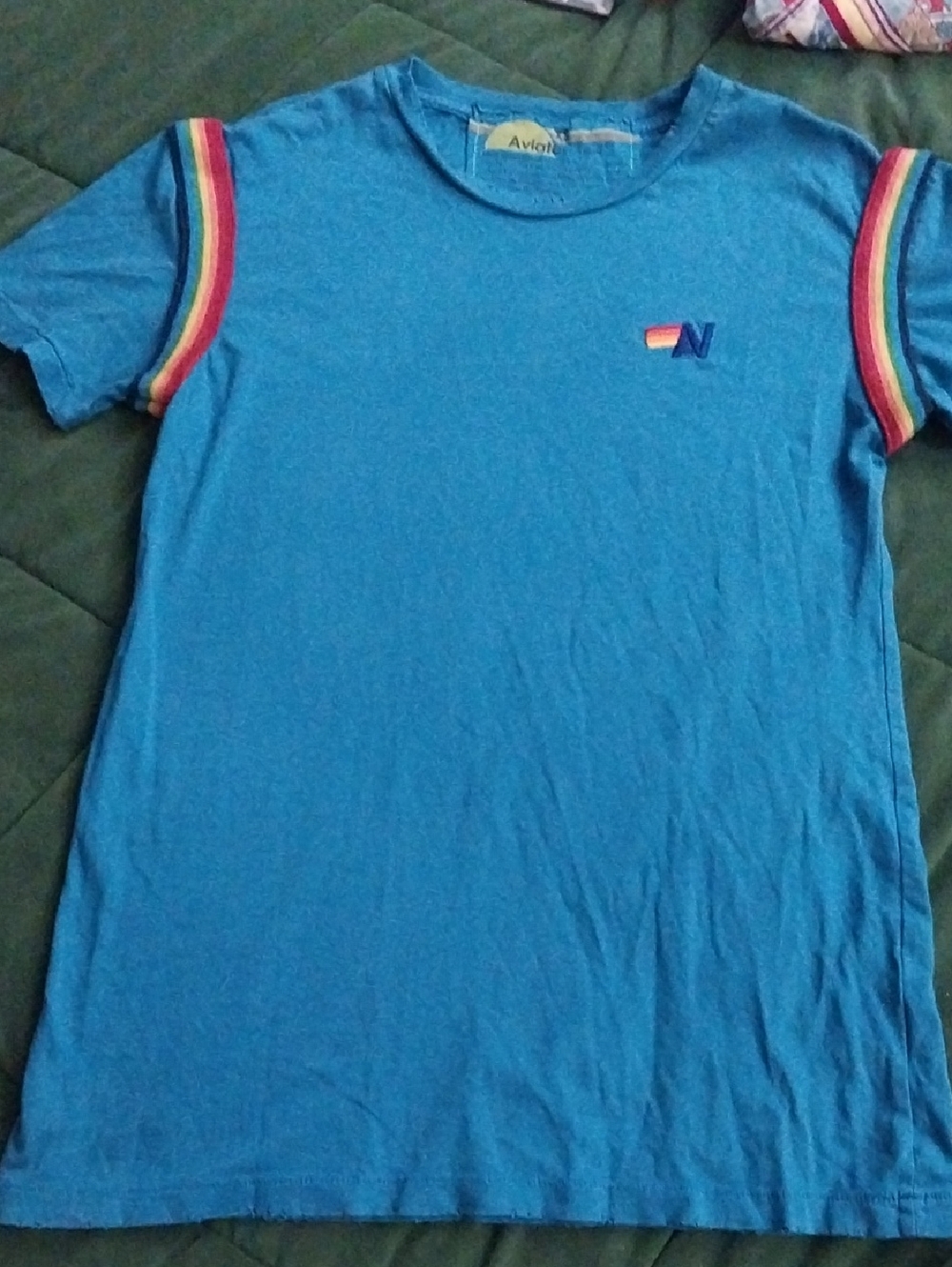 Aviator Nation Womens Fitted T Shirt SIZE XS Blue Rainbow Detail